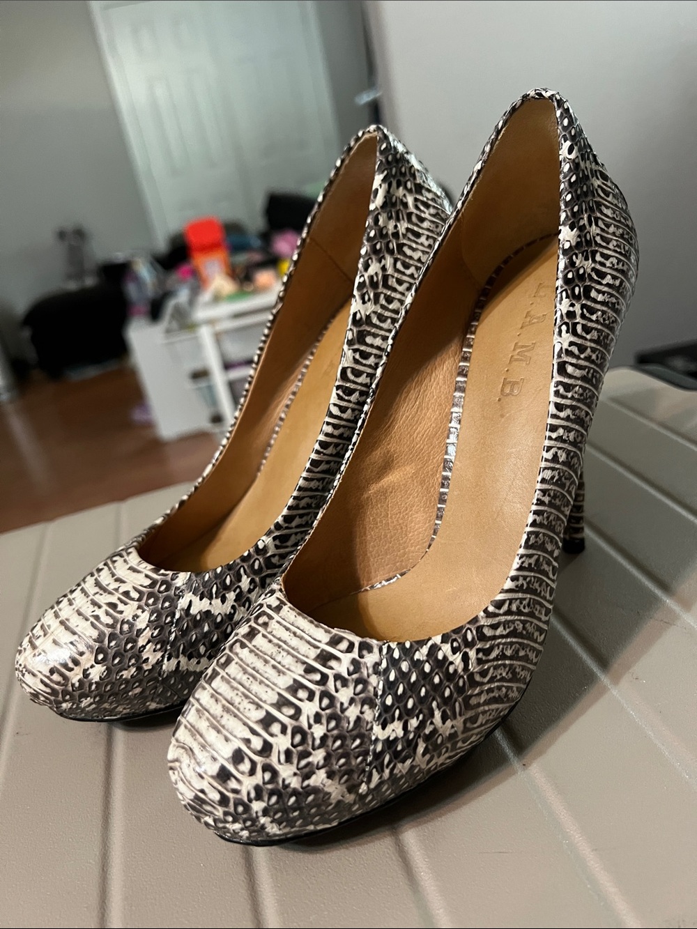 L.A.M.B. Black and White Textured Snakeskin Pumps
